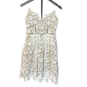 L'ATISTE White Guipure Lace Mini Dress S Bridal Shower Bachelorette Nude Lining